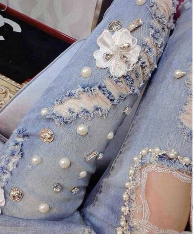Hole Diamond Beaded Lace Embroidered Jeans on Luulla