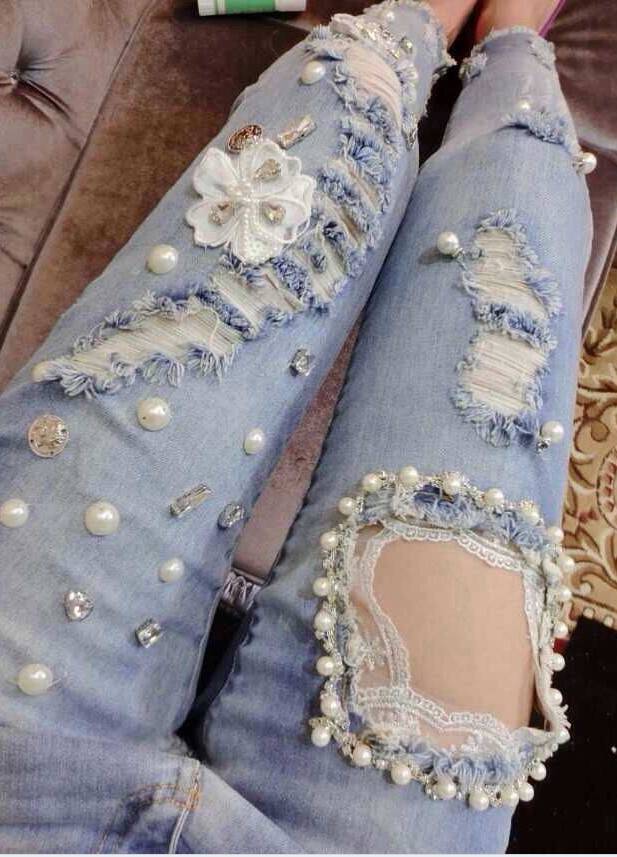 Hole Diamond Beaded Lace Embroidered Jeans on Luulla