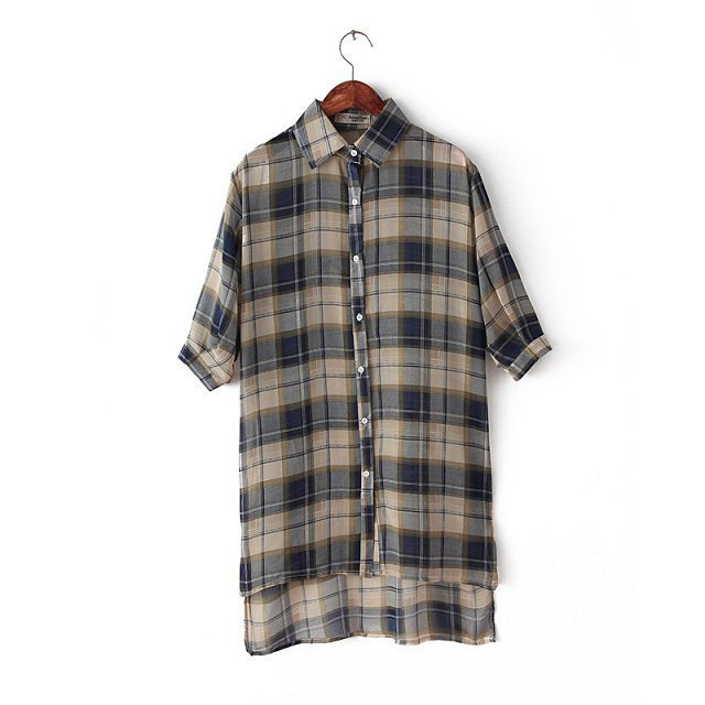 Gradient Retro Plaid Chiffon Shirt on Luulla